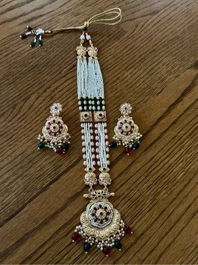 Gold-Tone Pearl and Stone Pendant Necklace with Red and Green Accents